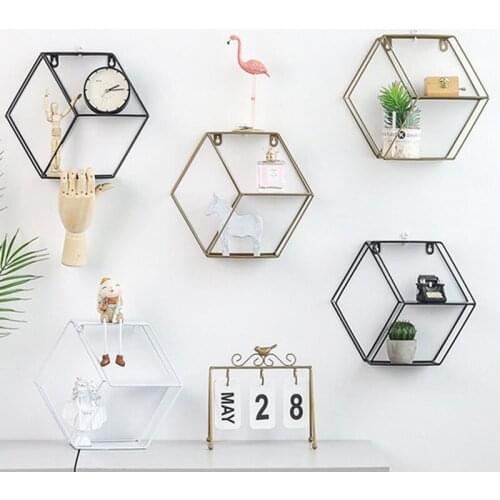 Nordic Iron Hexagonal Grid Wall Storage Rack Shelf Wall Mounted Hanging Geometric Figure Wall Decoration Home Living Room Decor