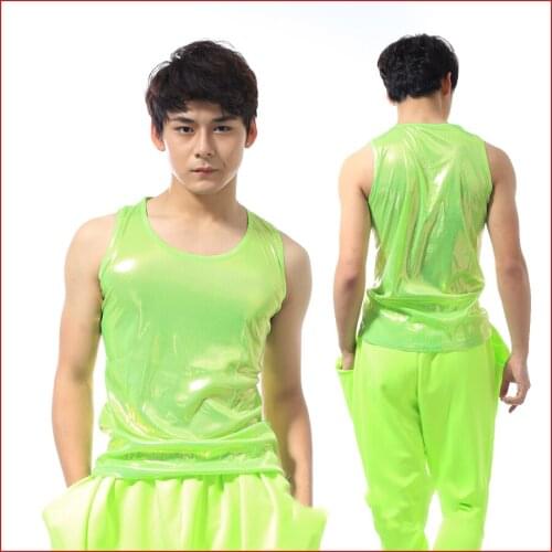 New Men Dance Costume Neon Green Top Sleeveless Bar Dj Costume Street Wear Jazz Dance Costume Male Nightclub Clothes BL2068