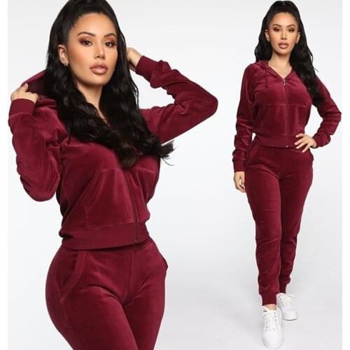 Autumn And Winter Tracksuit Womens Velvet Solid Color Casual Suit Hooded Top Pants Suit Long Sleeve Clothing Set Streetwear