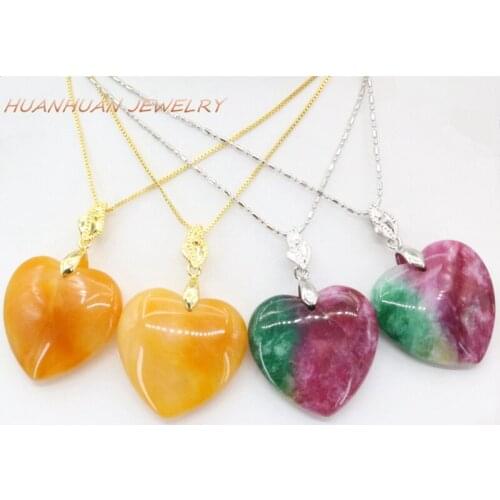 Charms Love Heart Shape 30mm Stone Pendant For Women Natural Chain Necklace Jades Chalcedony Necklaces Pendants Jewelry B3323