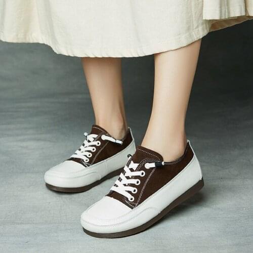 Casual Low-heel Round-toe Single Shoes Lace-up Deep-mouth Womens Shoes Comfortable Soft-soled Shoes Genuine Leather Sneakers