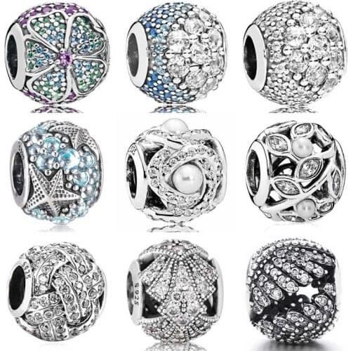 QANDOCCI Pave Blue Enchanted Glorious Bloom Love Knot Oceanic Starfish Fit Pandora Bracelet 925 Sterling Silver Bead Jewelry