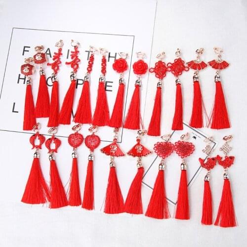 Fashion Ethnic Red Tassel Pendant Earrings For Women Girls Lucky Geometric Charms Clip Ear Jewelry Party Gifts