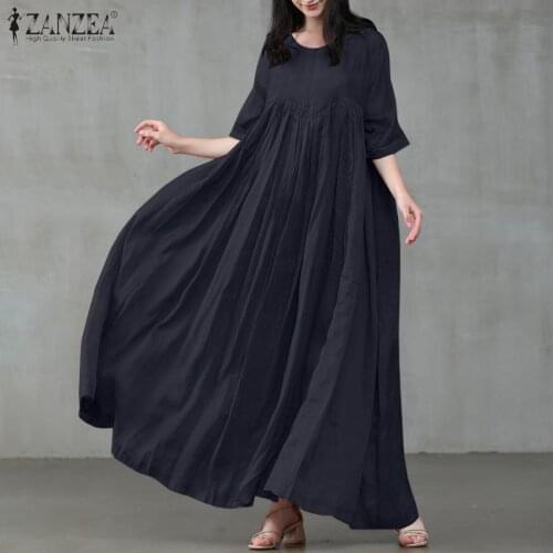 ZANZEA 2021 Vintage Summer Maxi Dress Womens Pleated Sundress Half Sleeve Long Vestidos Female Casual O Neck Robe Oversized