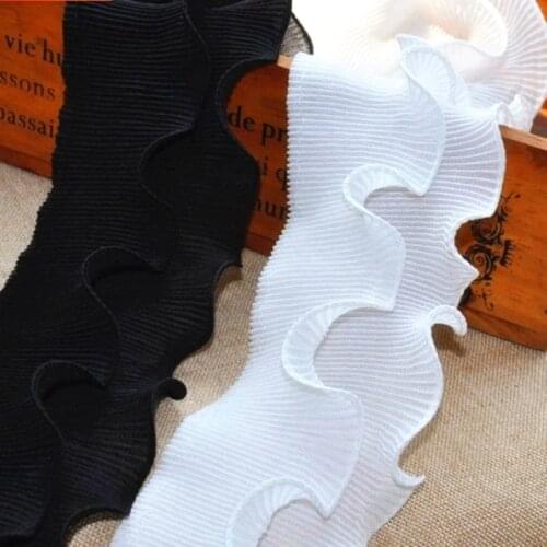 3D Chiffon Flower Lace Elastic Ruffled Appliqued Stretchy Pleated Sewing Trims White And Black Skirt Hem Fringe 8cm