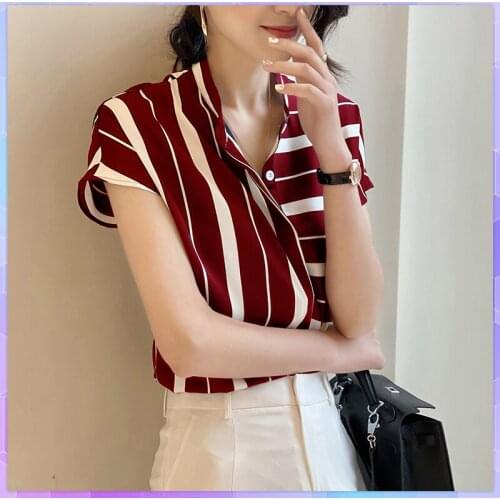 2XL Plus Size T-shirt Women Casual Striped Chiffon Tee Shirt Blusas Female Top Ladies Office Short-Sleeve Stand Oversized Tops