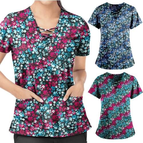 2021 Overalls for Women Sexy Women Short Sleeve V-neck Flower Print Tops Nursing Working Uniform T-shirts Uniformes Clinicos