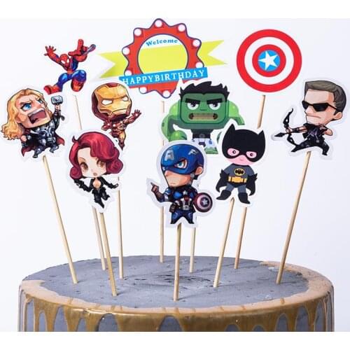 1set Happy Birthday Cartoon Baby Shower Events Party Revengers Design Decoration Cupcake Cake Toppers With Wooden Sticks Supply