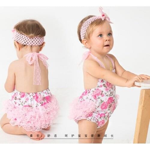 0-2 Year Old Baby Rose Flower Print Lace Sling Belly-Band Toddler Diaper Shorts Romper Bow Headband 2piece Set