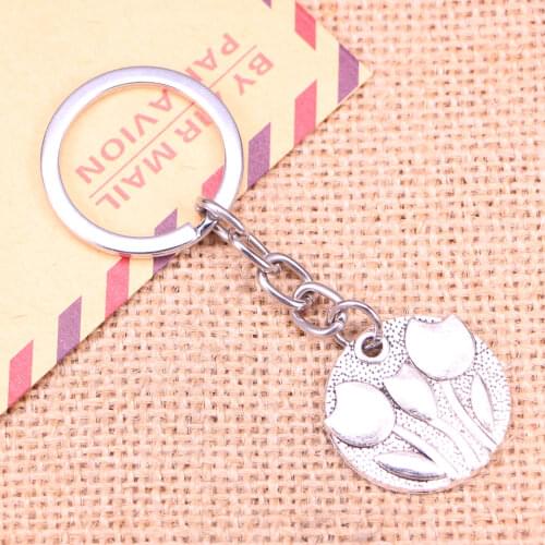 20pcs New Fashion Keychain 25mm flower tulips Pendants DIY Men Jewelry Car Key Chain Ring Holder Souvenir For Gift