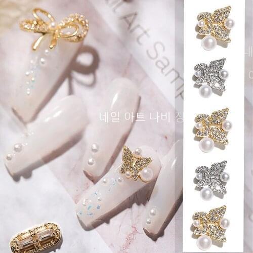 5Pcs 3D Alloy Zircon Pearl Butterfly Nail Rhinestones Metal Manicure Accessories DIY Nail Art Decorations Gold/ Silver Jewelry
