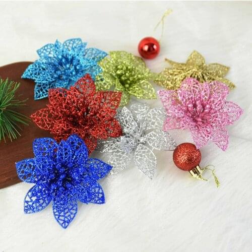 5pcs Merry Christmas Artificial Flower 10cm Hollow Glitter Poinsettia Fake Flower Heads Ornament New Year Party Home Decorations