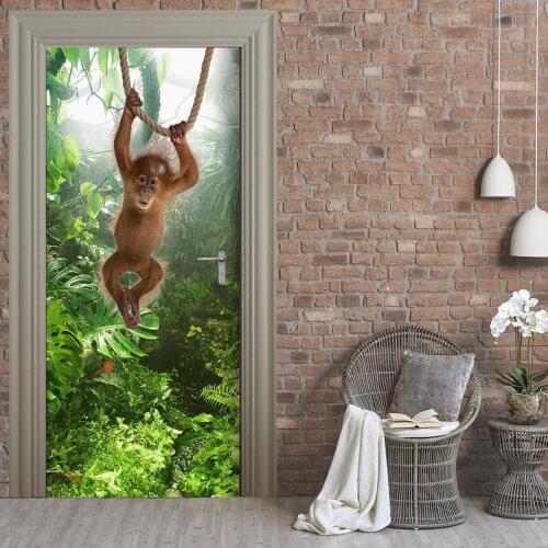 Free shipping 3D Forest Monkey Door Wall Stickers Bedroom Home Decor Poster PVC Waterproof Door Sticker 77x200cm