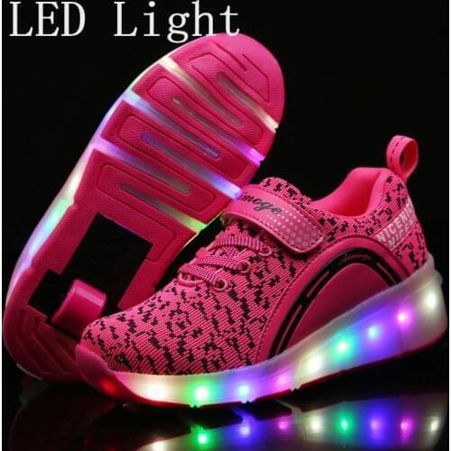 Kids Glowing Sneakers Sneakers with wheels Led Light up Roller Skates Sport Luminous Lighted Shoes for Kids Boys Pink