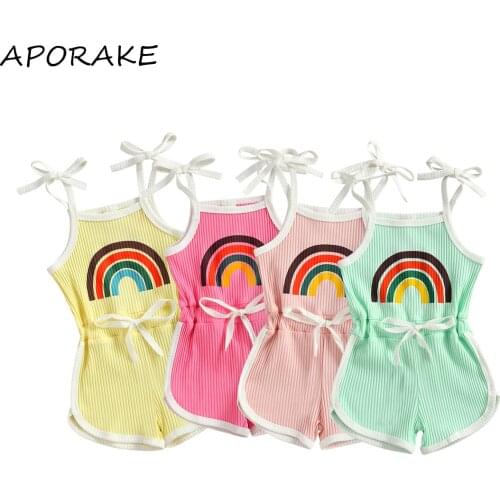 2021 0-4Y Sweet Kids Girls Sleeveless Playsuit Cartoon Rainbow Printed Pattern Off Shoulder Suspender Summer Knitted One-piece