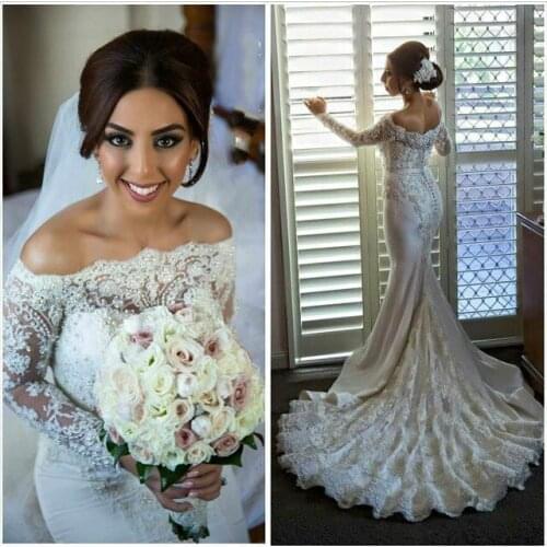Glamorous Mermaid Lace Wedding Dresses with Long Sleeves Luxury Pearls Beading Bateau Bridal Gowns Court Train Wedding Dress