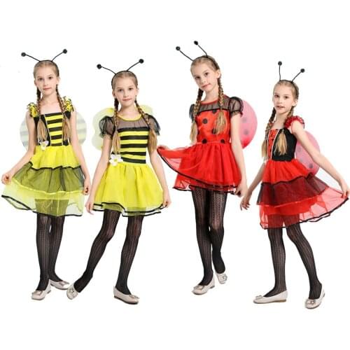 Red Bug Fairy Dress+Wings+Headress Kids Animal Honey Bee Fairy Costumes for Girls Christmas Party Halloween Cosplay Costume 3Pcs
