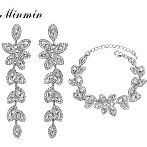 Minmin Elegant Silver Color Leaf Crystal Bracelets Earrings Bridal Jewelry Sets for Women Prom Wedding Jewelry Christmas EH282