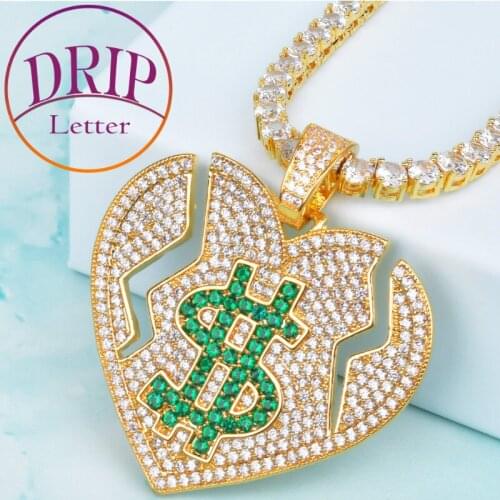 Dollar Symbol Broken Heart Pendant Mens Hip Hop Iced Out Necklace Jewelry