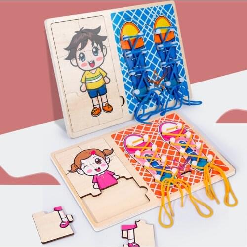 New Kids Cute Wooden Shoes Clothes Puzzles Toys Children Montessori Early Learning Tie Shoelaces Puzzles Wood Beads Lacing Board