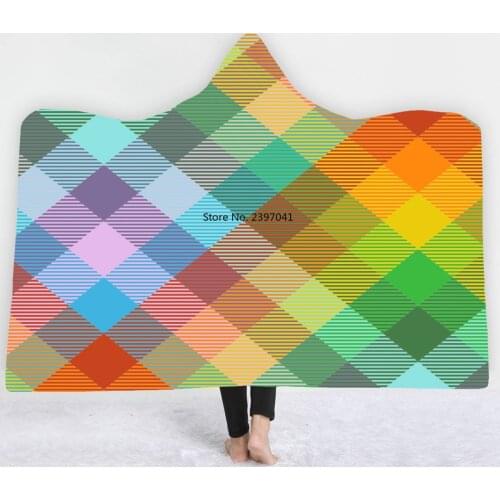 3D Printed Plaid Hooded Blanket for Woman England Style Sherpa Soft Fleece Wearable Throw Blanket Microfiber Family Bedding