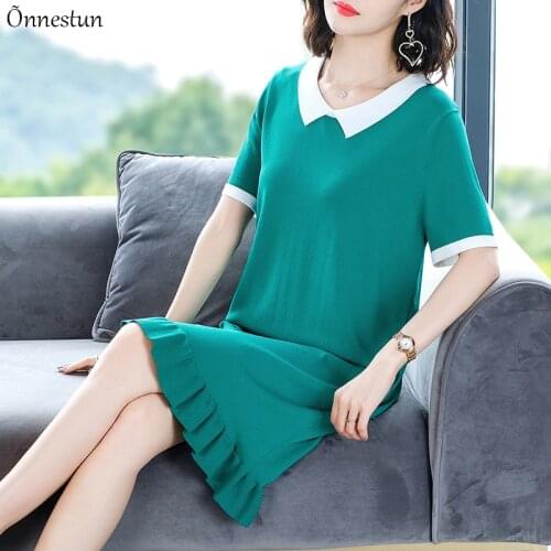 Solid Short Sleeve Dress 2021 Summer Clothes For Women Lapel Soft Knitting Pullover Casual Women Dresses