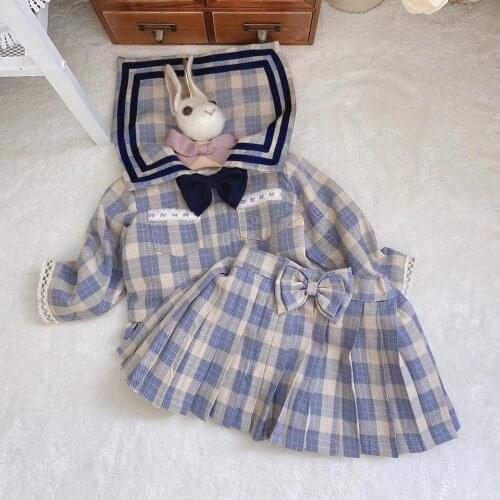 Fall Autum Japanese cute plaid Kid Baby Girl short jacket preppy style Party pleated dress Set Fashion Outfit