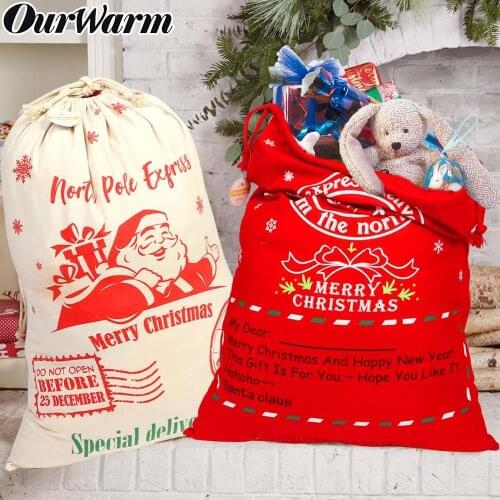 OurWarm Christmas Santa Sack Deer Drawstring Canvas Santa Bag New Year Christmas Decorations for Home Stockings Gift Bag