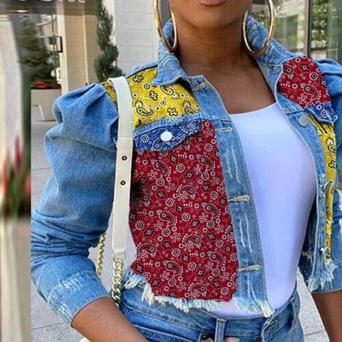 Women Sexy Ripped Denim Crop Jackets 2021 Vintage Casual Short Jean Jacket Puff Sleeve Winter Female Coat Streetwear