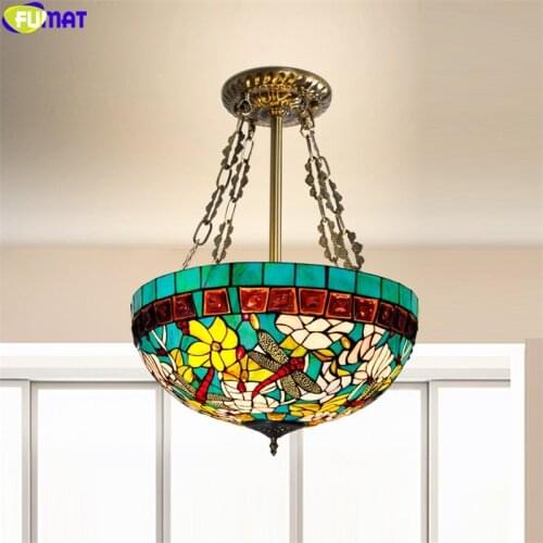 FUMAT Tiffany Style Mosaic Dragonfly Jade Cymbidium Stained Glass Lampshade Drop Pendant Lamp Multi Color Effect Hanging Light