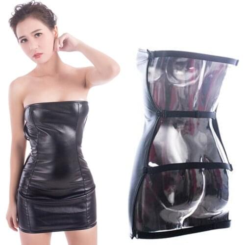 Sexy Costume Open Back Buttock Exposing Wet Look Faux Leather Dress Catsuit Spanking Skirt Fetish Foreplay Lingerie