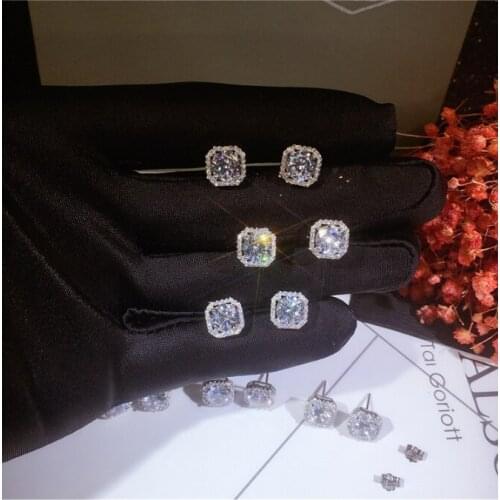 Classic Real Pure 925 Sterling Solid Silver Square Shape Stud Earrings for Women Jewelry Female Earrings Bijoux Top Quality