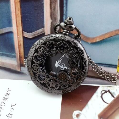 Vintage Hollowed Black Gear Quartz Pocket Watch Necklace Men Women Pendant Gift Watches for Christmas Wholesale