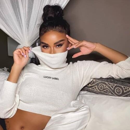 Woman Autumn Winter Knitted Cropped Tops Turtle Neck Slim Embroidery Letter Pattern Ladies Cool Street Wear Long Sleeve Tees
