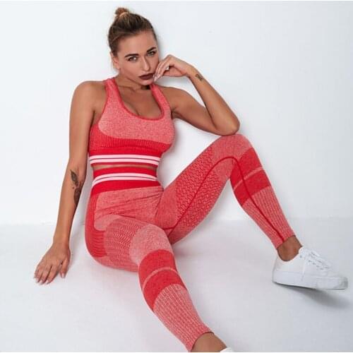 Women Seamless 2 Pcs Set Fitness Clothing Sexy Push Up Bra High Waist Fitness Gym Leggings Striped Knitted Running Suit Gym Suit
