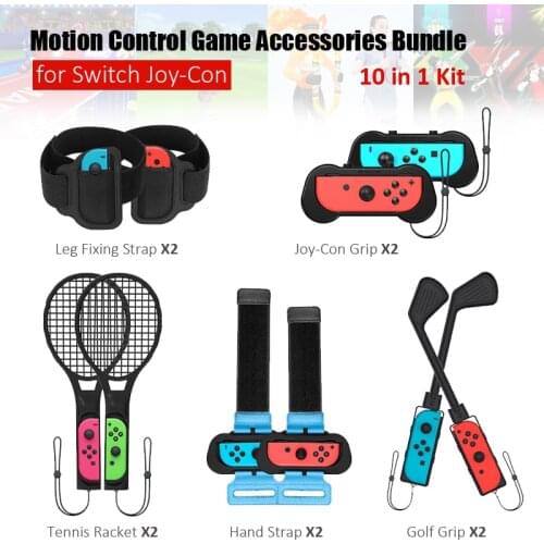 10 in 1 Motion Control Game Accessories for Nintendo Switch Golf Club/Dancing Wristband Set/Tennis Racket/Leg Strap for NS
