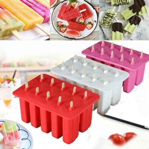 10 Cell Frozen Ice Cream Mold Silicone DIY Ice Cream Popsicle Mold with Sticks Thick Material Kitchen Ice Cream Cooking Tools