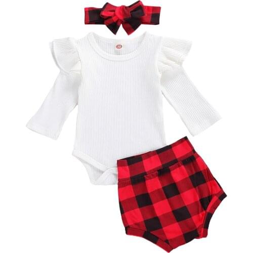 2020 Summer Newborn Baby Girls Clothing 3pcs Set Long Sleeve Round Collar Knitted Top + Plaid Shorts + Headband 0-18M Clothes