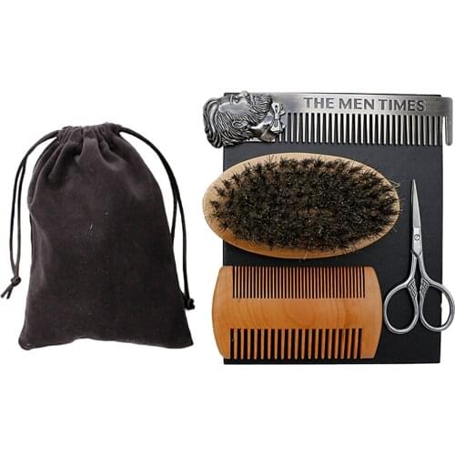 4pcs/kit High-end Handmade Wooden Beard Brush Soft Bristles Detangling Comb