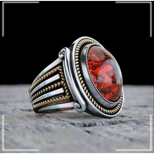 925 Sterling Silver Ring For Man Real Pure Polish Amber Zircon Ruby Stone Handmade Turkish Jewelry