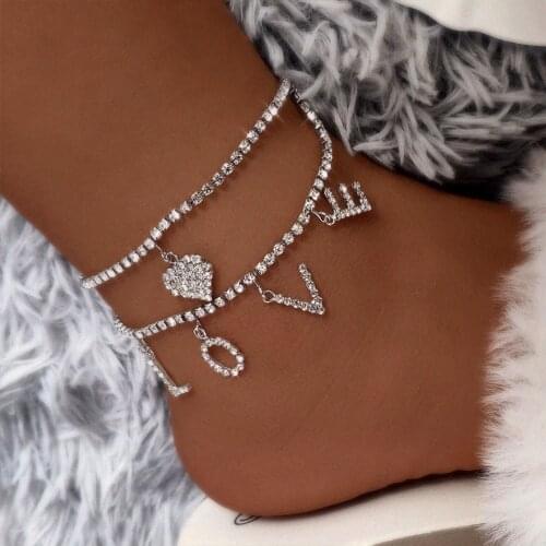 Bling Rhinestone Tennis Chain Anklets Bracelet Trendy Letter LOVE Heart Charm Anklet For Women Summer Sandals Leg Foot Jewelry