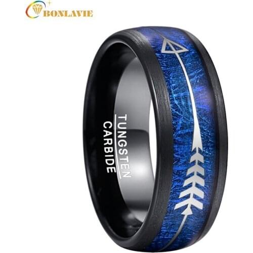 BONLAVIE Mens Wedding Ring Plating Black Inlay Blue Imitation Aerolite Tungsten Steel Ring Arrow Men Ring Jewelry