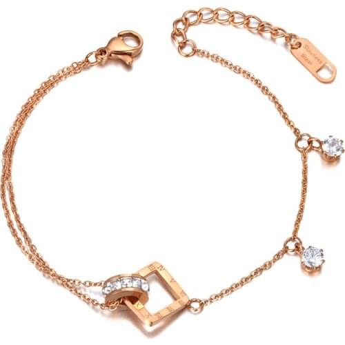 Bohemia Titanium Steel Circle Square Cz Crystal Charm Bracelets For Women Trendy Roman Numerals Chain Bracelet B20070