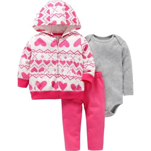 Long sleeve love heart hooded coat+gray bodysuit+pants pink 2021 baby girl outfit newborn boy clothes set infant clothing suit
