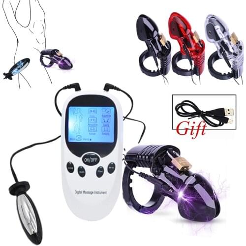Electro Shock Chastity Device Cock Cage Ball Stretcher,Bdsm Bondage Penis Lock Ring Electro Stimulate Anal Butt Plug Men Sex Toy