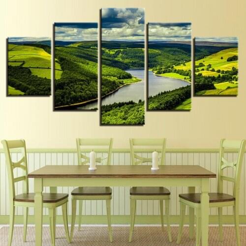 Art Pictures Printed Canvas 5 Pieces Green Mountain River Forest Natural Scenery Painting For Bedroom Wall Decor Poster(No Frame