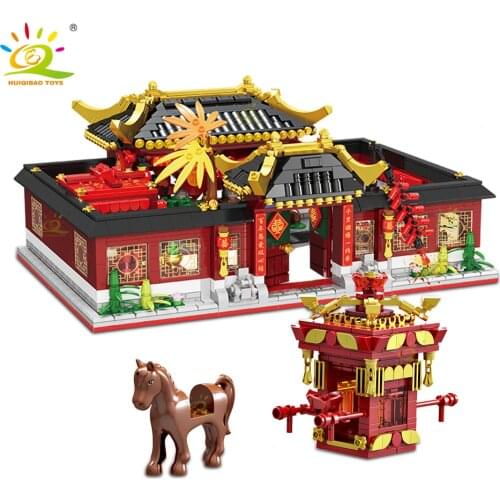 HUIQIBAO Chinese Wedding Ceremony Building Blocks Architecture Brick Bride Groom Marriage Hall Figures Set City Toy For Children