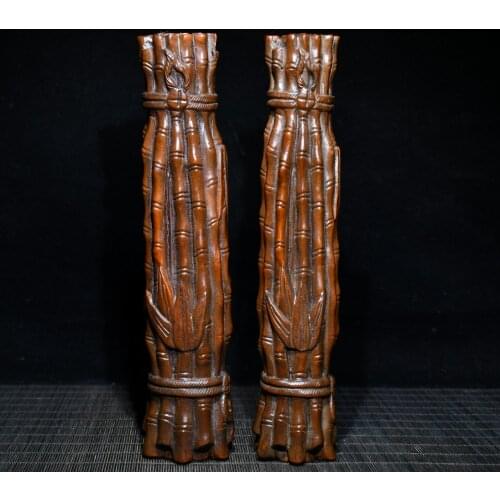 9"China Lucky Old Boxwood Hand-carved Bamboo statue Town ruler A pair Steadily rising Paper Four Treasures of the Study Office