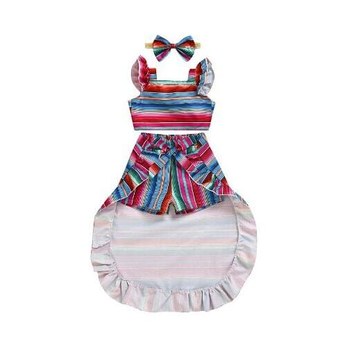 Girls Clothing Sets 2020 Summer Children Clothes Colorful Striped Vest Tops+ Bow Short +Skirts Dress 3pcs Kids Clothes Sets