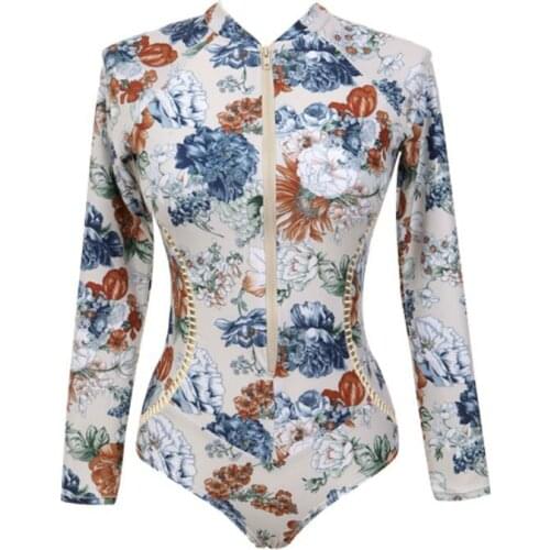 Hot Summer Women Sexy Floral Print Tight-Fitting Long-Sleeved Zipper One-Piece Swimsuit Elastic Swimsuits Women Swimsuit